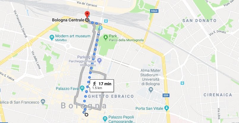 Two suggested walking paths from Bologna Stazione to Piazza Maggiore in Bologna.